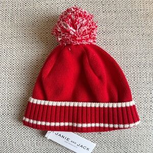 NWT! Janie and Jack - Red Striped Pom Beanie Winter Hat Baby - 6 to 12 months
